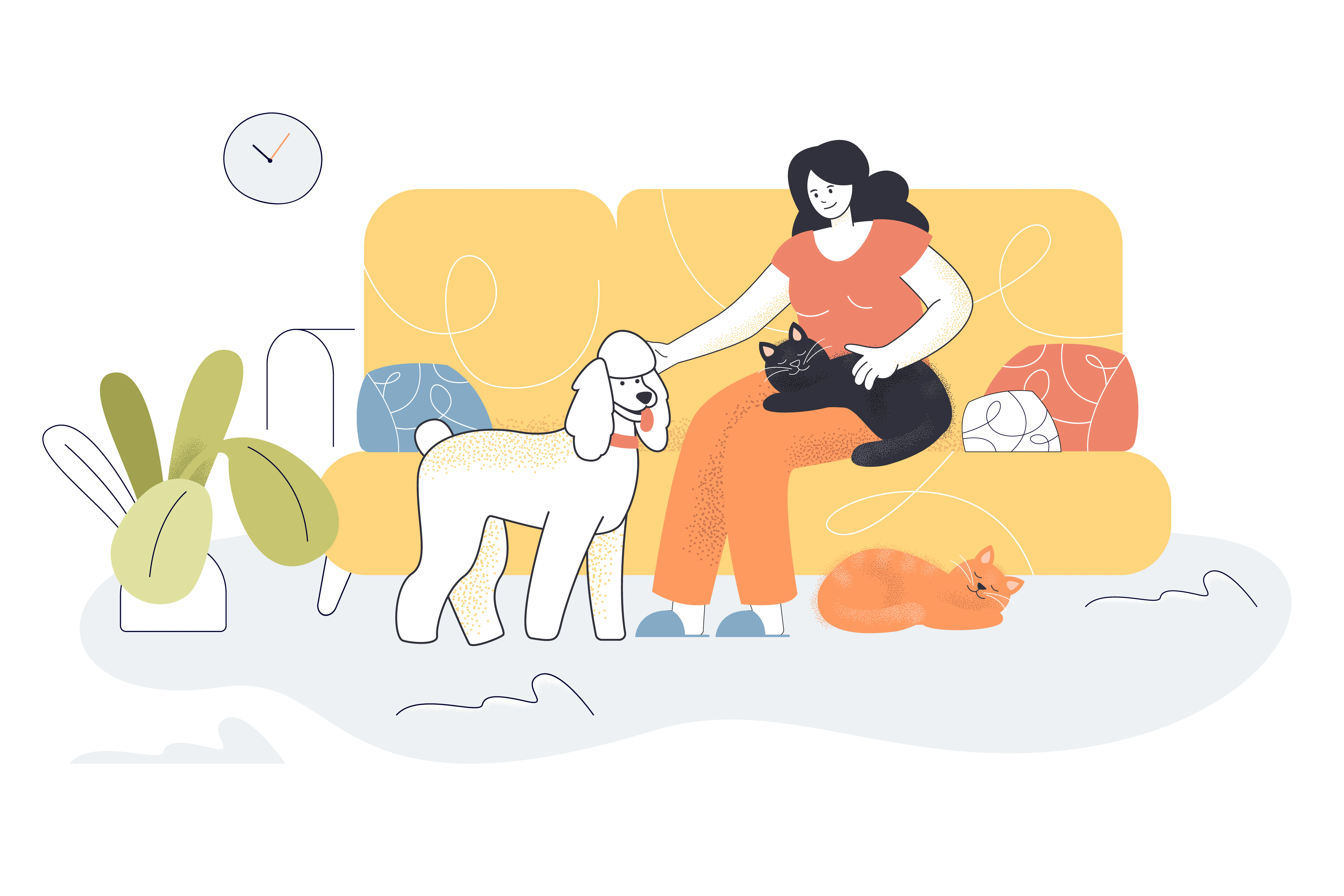 Woman relaxing with pets on couch